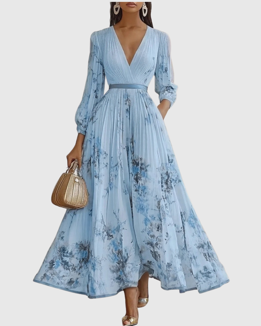 Graceful women's pleated maxi dress with elegant floral pattern, V-neck, ideal for formal wear.