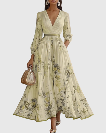 Stylish floral long sleeve pleated maxi dress, ideal for spring/summer special occasions & parties.