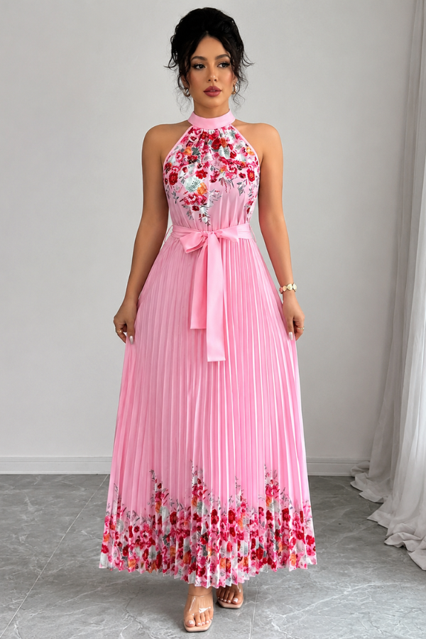 Elegant floral pleated midi dress for women with a stylish square neck. Perfect summer outfit.