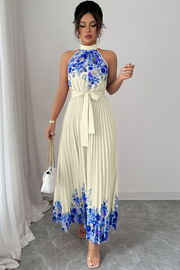 Women's floral pleated square neck midi dress, a stunning piece for elegant summer fashion.