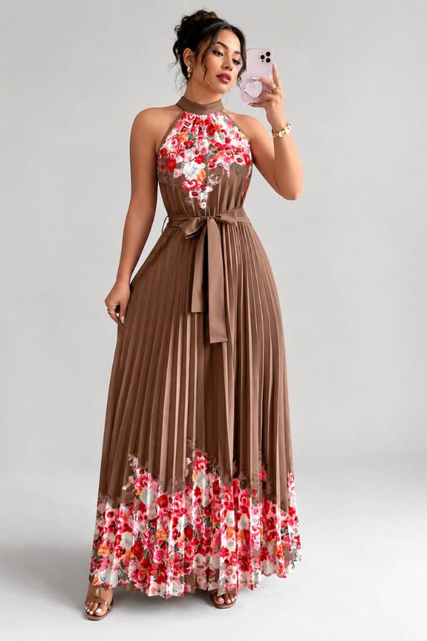 Casual chic women's floral midi dress. Square neck design, comfortable pleats, versatile style.