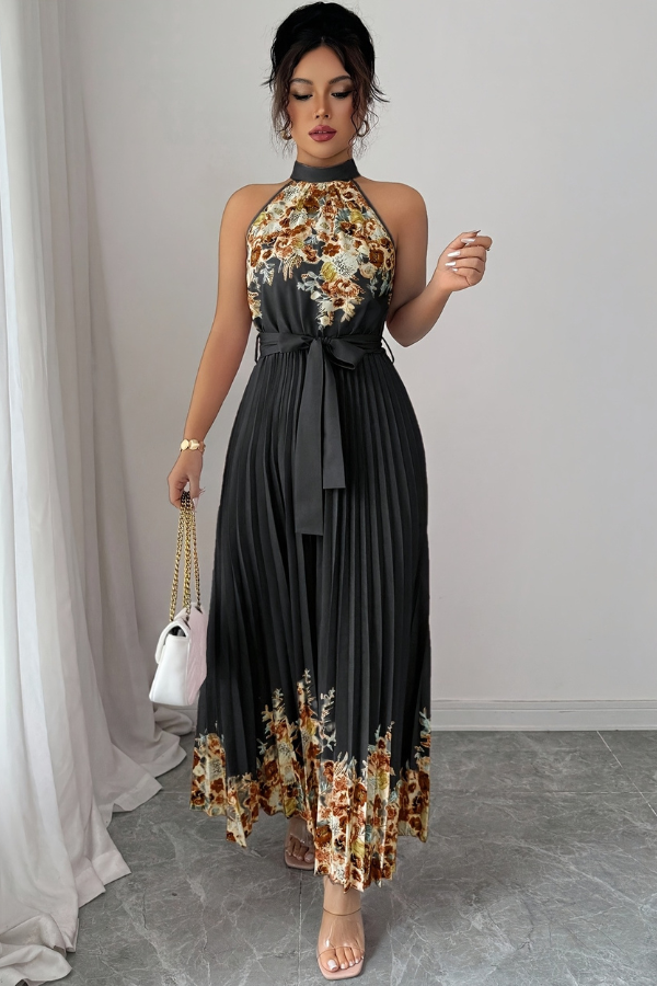 Stylish women's square neck floral midi dress, with beautiful pleats and a flattering silhouette.