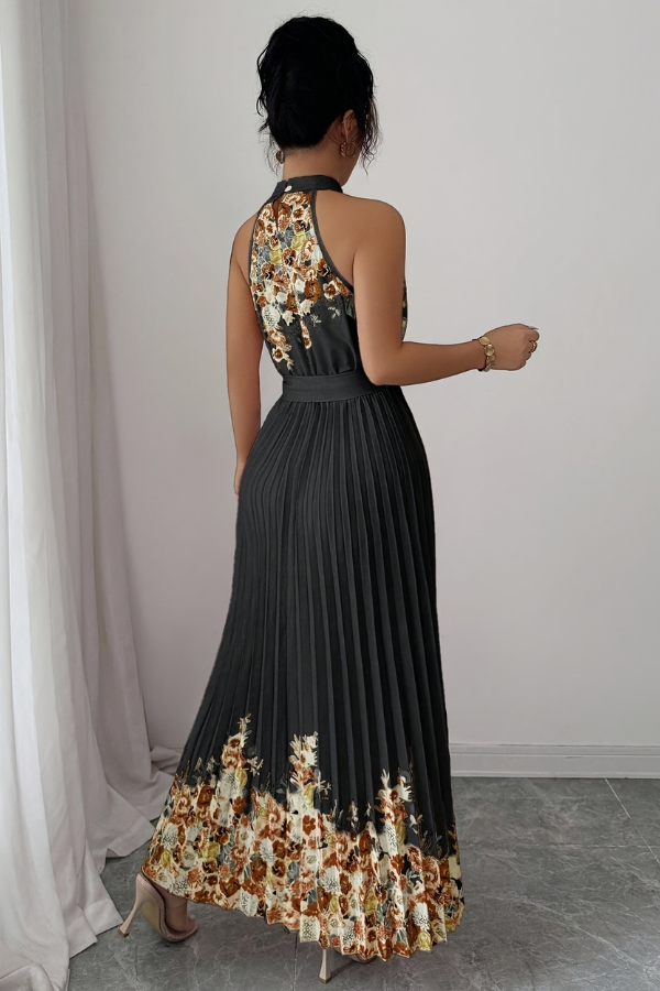 Women's summer vacation outfit: an elegant floral pleated midi dress with a trendy square neck.