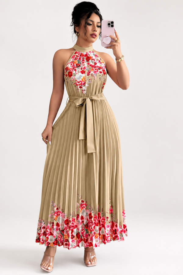 Chic women's floral print midi dress. Square neck, pleated details, ideal for various elegant occasions.