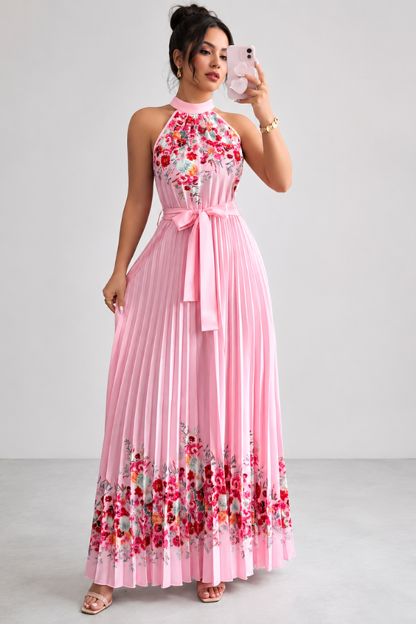 Stylish women's floral print midi dress, featuring a flattering square neckline & delicate pleats.