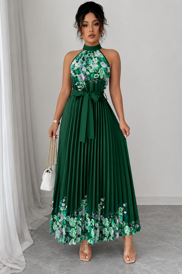 Graceful women's floral pleated square neck midi dress, offering both sophisticated style and comfort.
