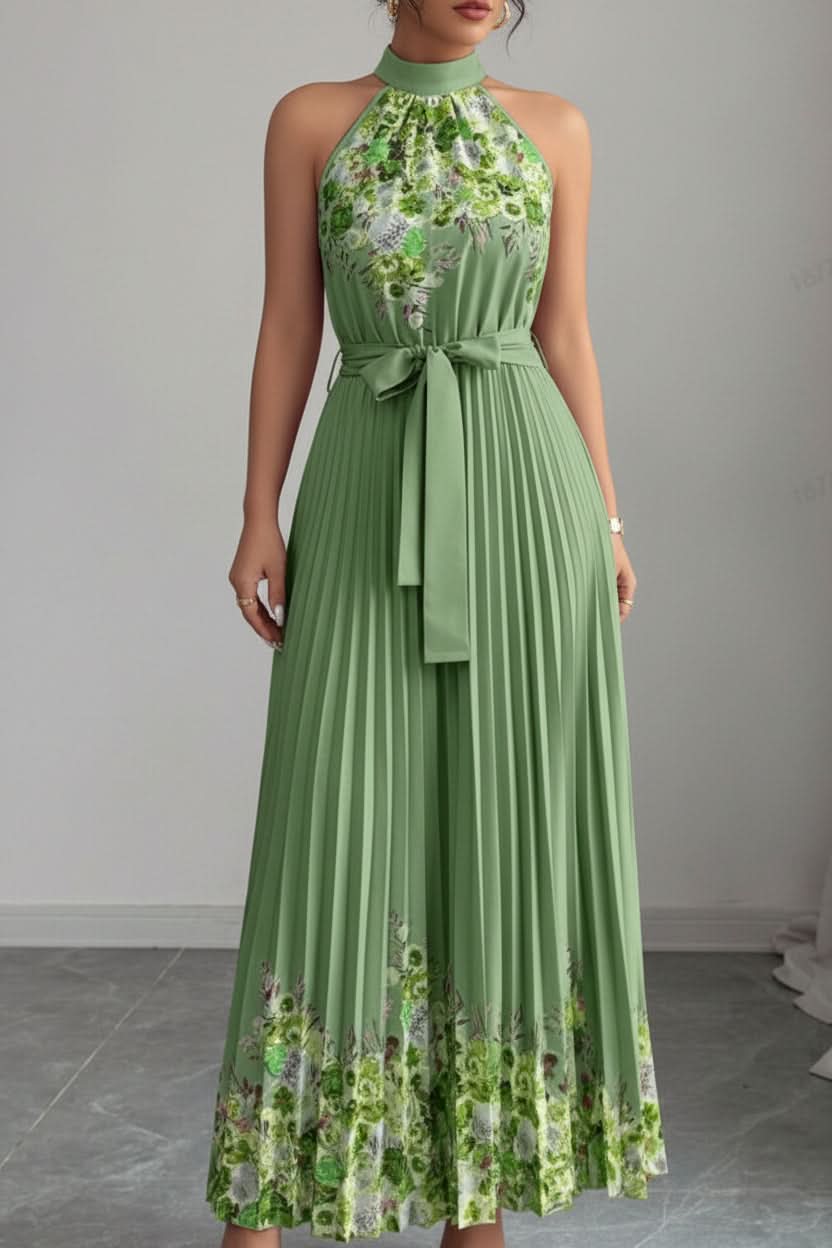 Women's elegant floral pleated midi dress, perfect for summer gatherings, with a stylish square neck.