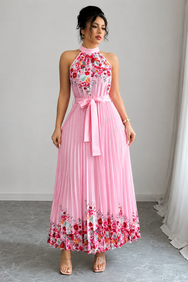 Beautiful women's square neck midi dress with a vibrant floral pattern & graceful pleated skirt.
