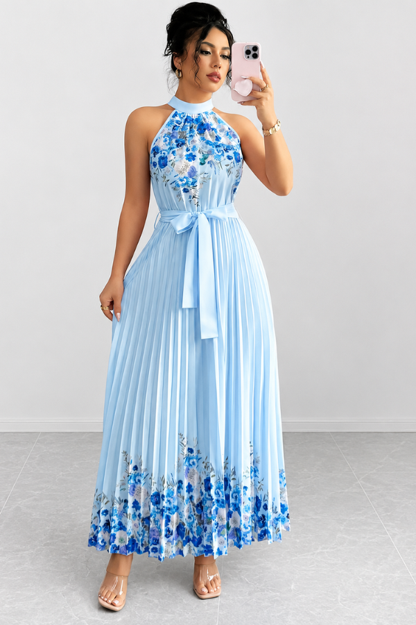 Women's summer floral midi dress, elegant with square neck, flowy pleats, and a chic look.