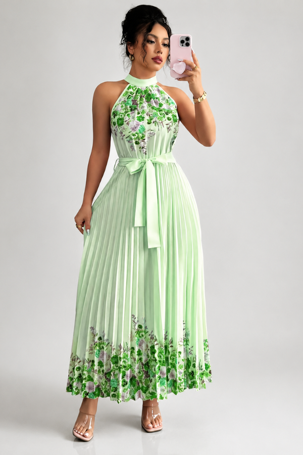 Graceful women's floral print square neck midi dress, featuring a sophisticated pleated hem.