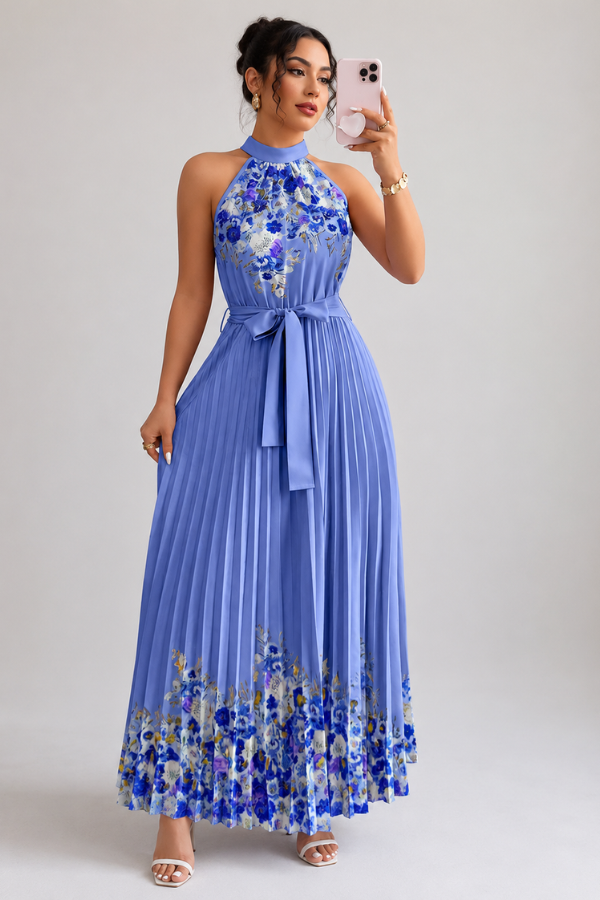 Women's elegant square neck midi dress with a lovely floral pattern and intricate pleating.