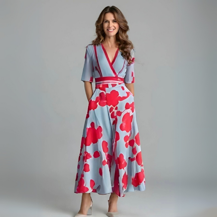 Elegant floral wrap maxi dress for women, perfect for summer style & casual wear. Features a tie waist & short sleeves.