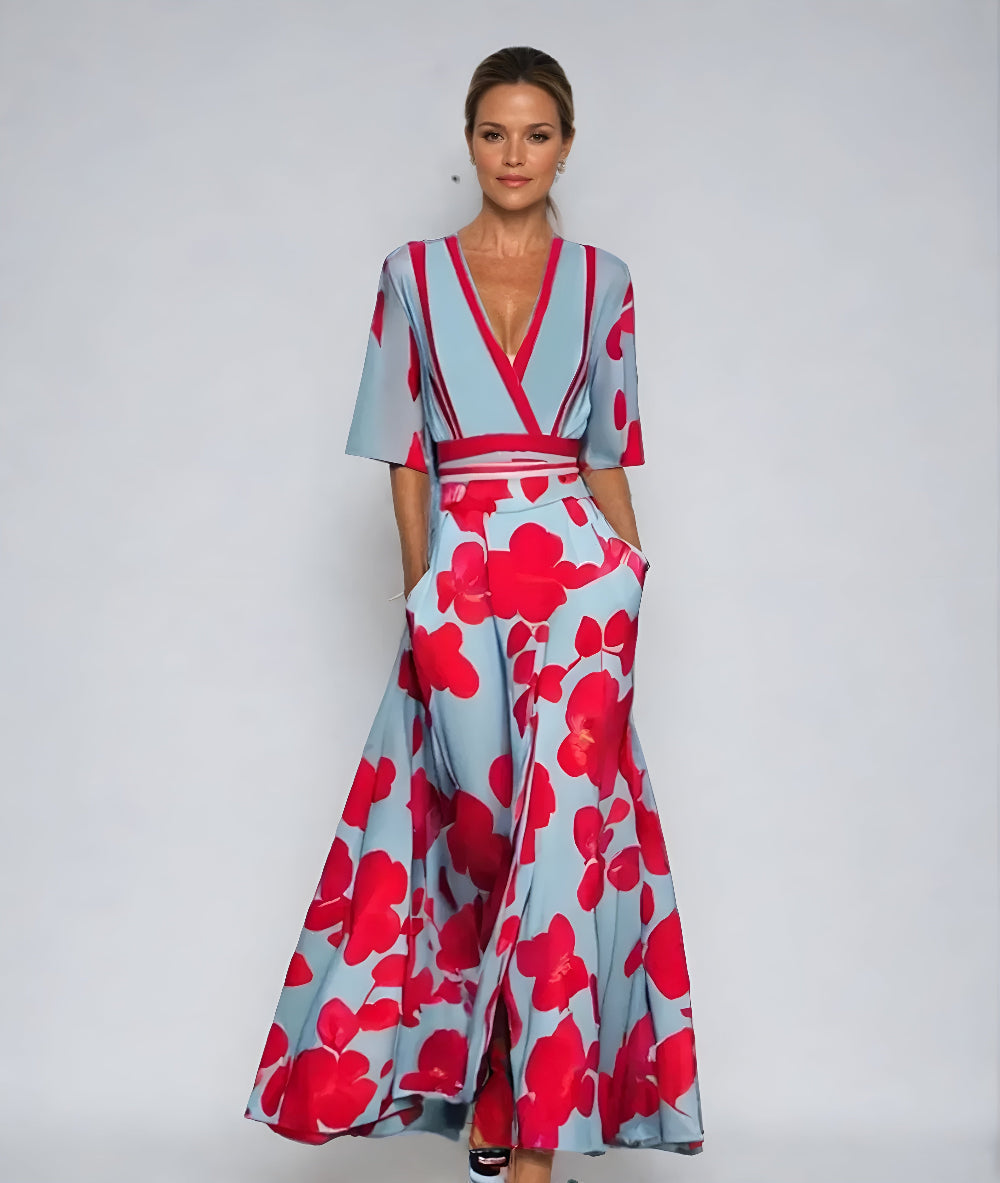Women's short sleeve floral wrap maxi dress with a flattering tie waist, perfect for warm weather and summer style.