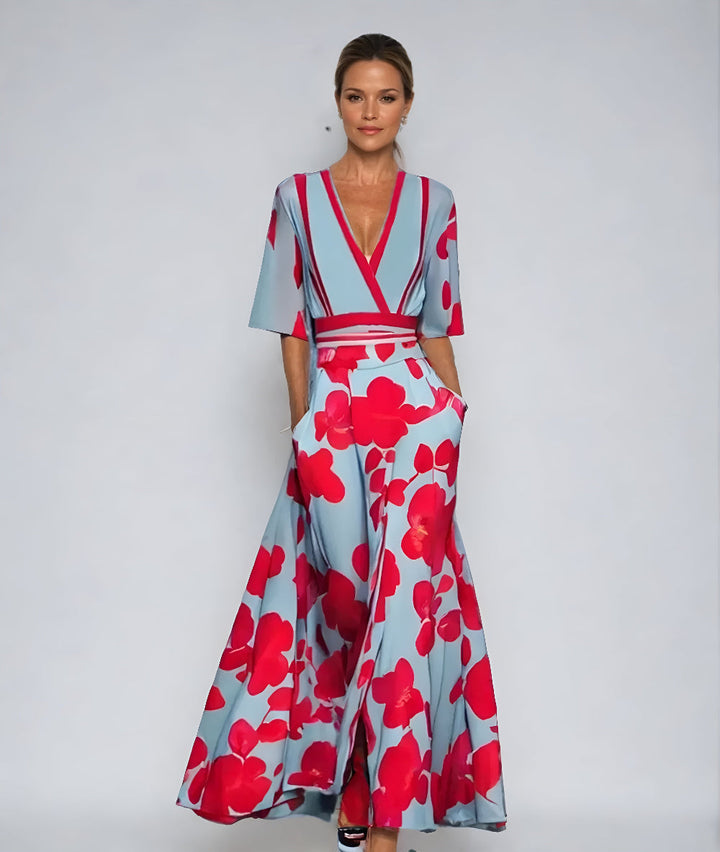 Women's short sleeve floral wrap maxi dress with a flattering tie waist, perfect for warm weather and summer style.