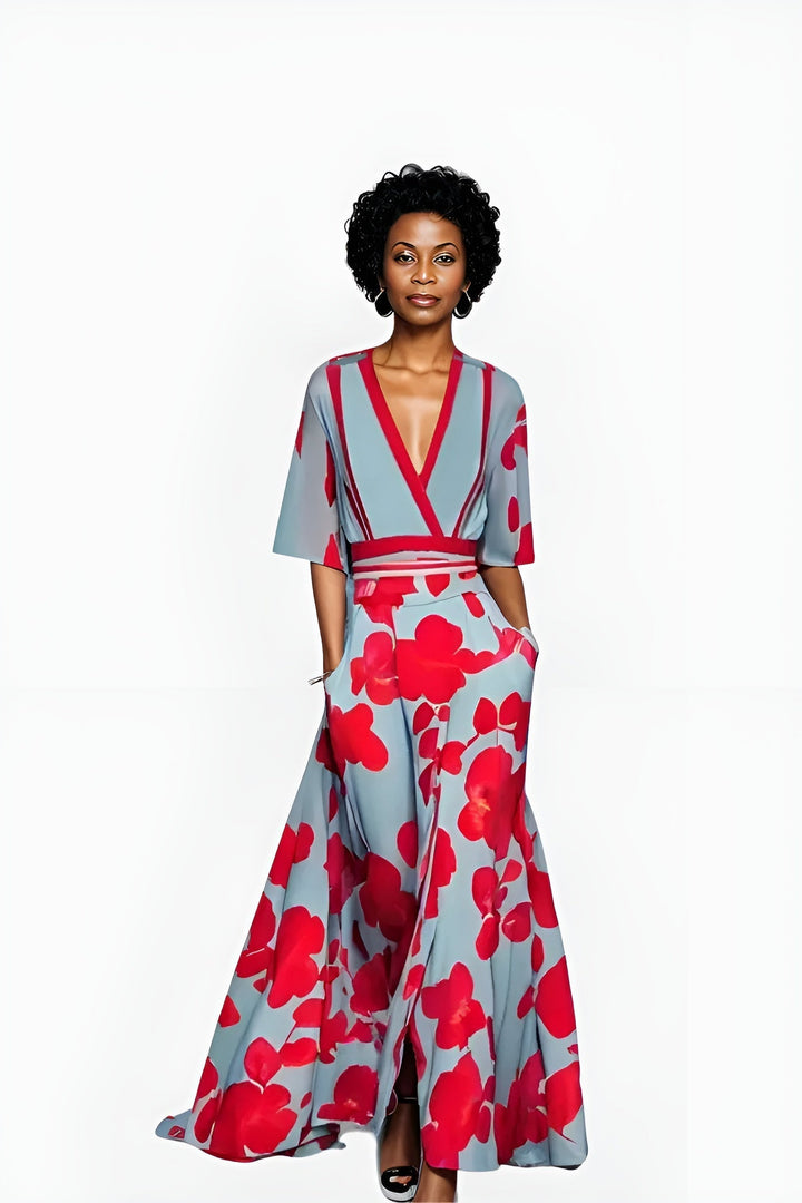 Chic printed floral wrap maxi dress for women, an elegant summer style choice for casual outings or vacation wear.