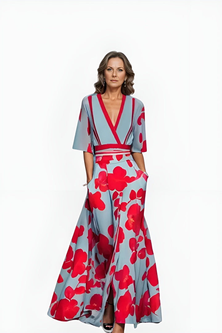 Comfortable women's floral wrap maxi dress, offering stylish summer fashion. Features a tie waist & short sleeves.