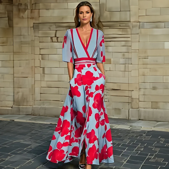 Versatile floral wrap maxi dress for women, blending elegant and casual wear. Great for summer vacations & events.