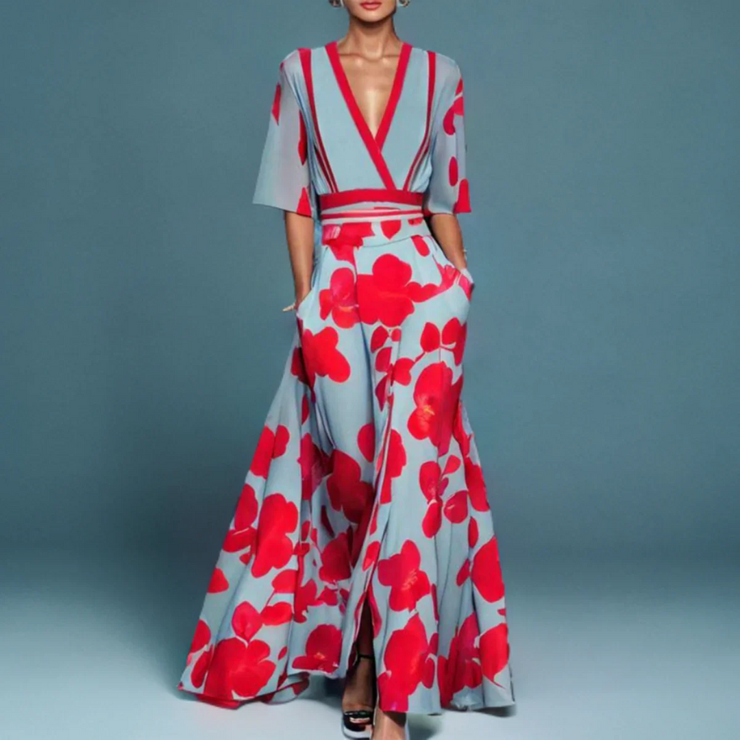 Flowing floral print wrap maxi dress for women, featuring short sleeves and a tie waist for effortless summer style.