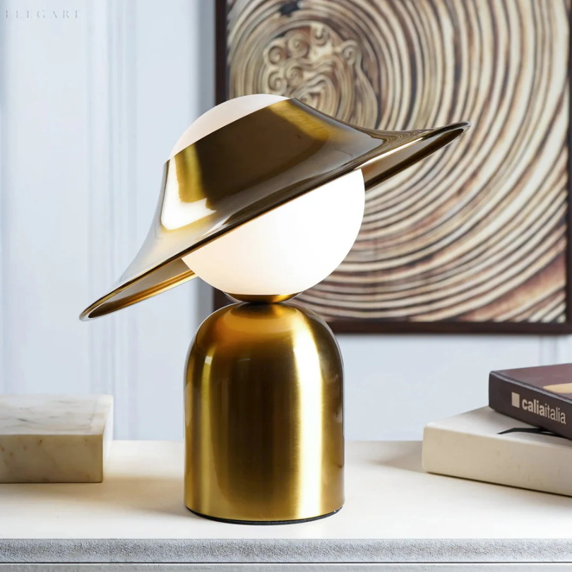 Luxe GoldAura metal table lamp, a sophisticated accent piece adding luxury lighting to any contemporary space.