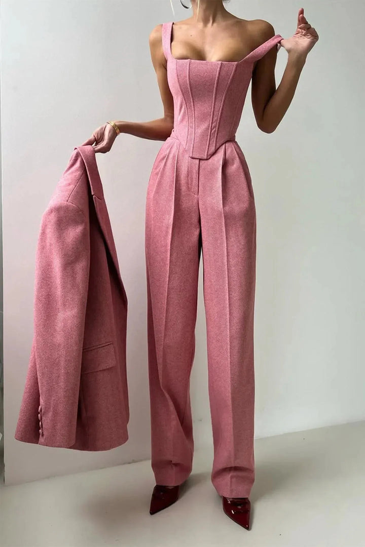 Elegant women's power dressing set: gray bustier, wide-leg pants, and oversized blazer for chic look.