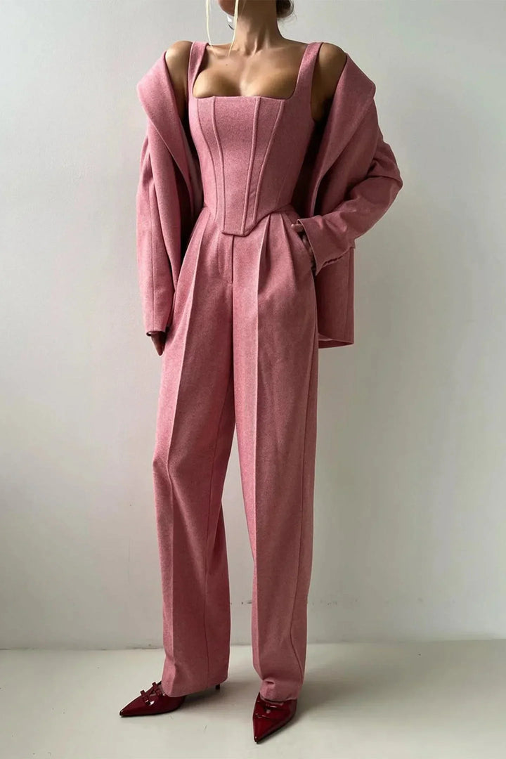 Gray women's elegant three-piece co-ord set with corset top, wide-leg pants, and chic blazer.
