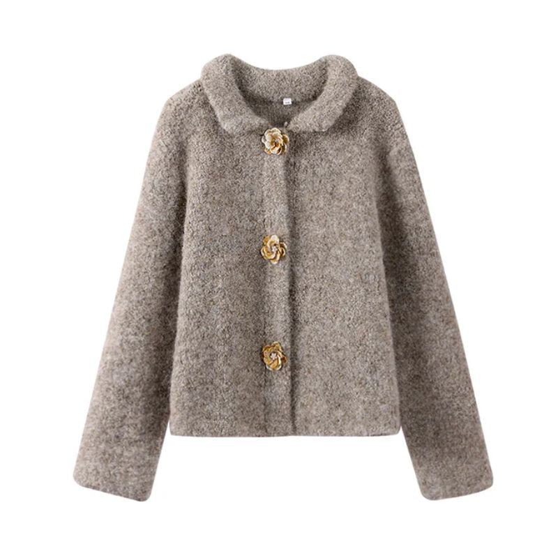 Elegant gray women's vintage floral cardigan with long sleeves, perfect for cozy fall & winter layering.