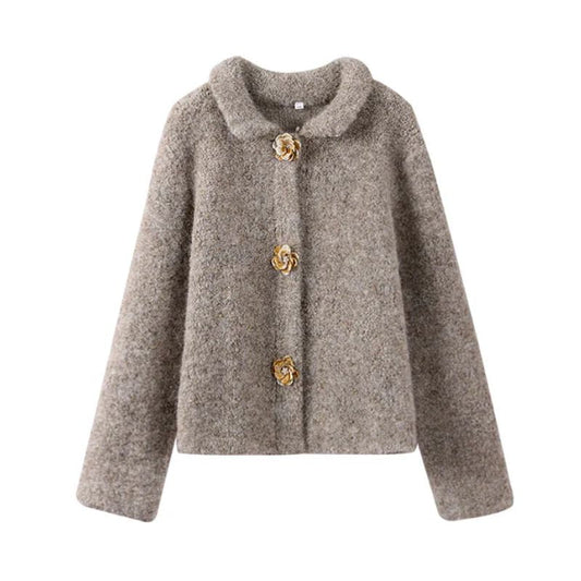 Elegant gray women's vintage floral cardigan with long sleeves, perfect for cozy fall & winter layering.