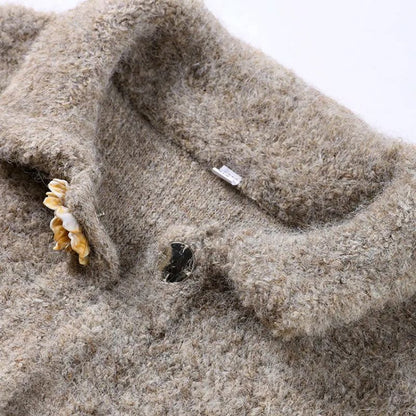 Cozy women's gray vintage floral cardigan, an elegant long sleeve sweater for warm fall and winter fashion.