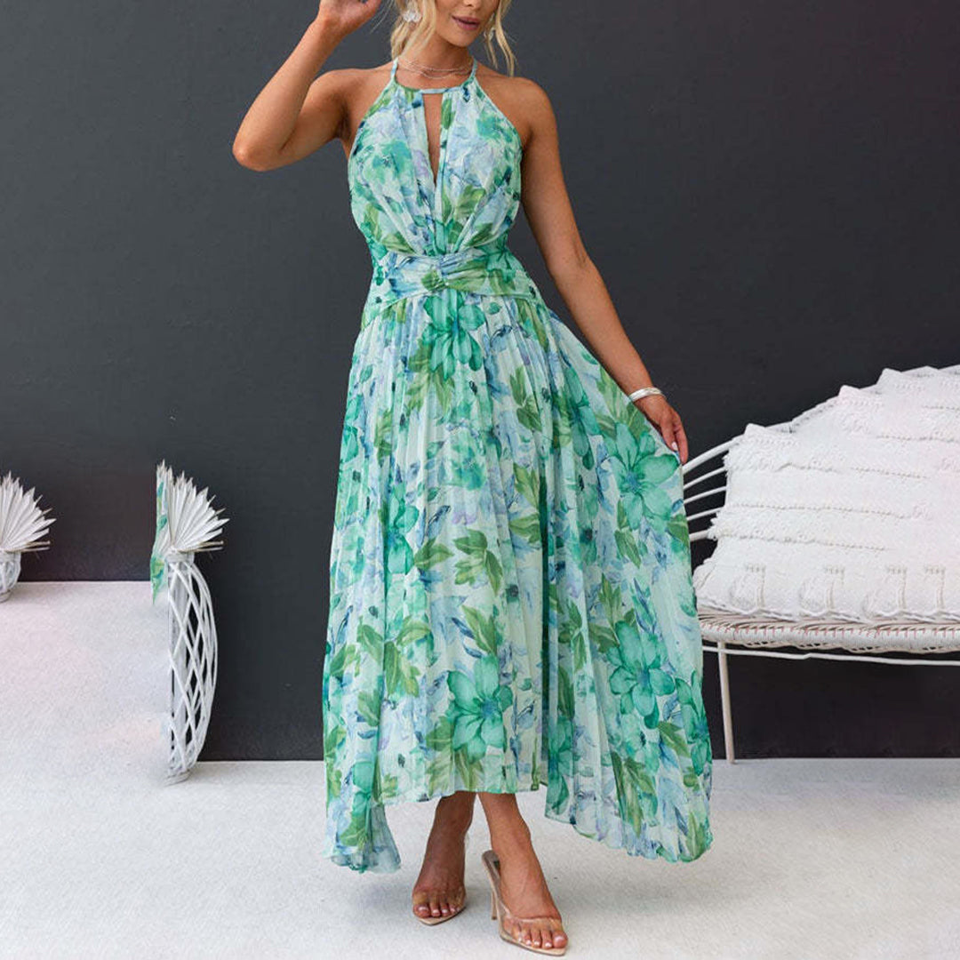 Elegant floral halter neck maxi dress for women, suitable as a wedding guest, party, or summer dress.