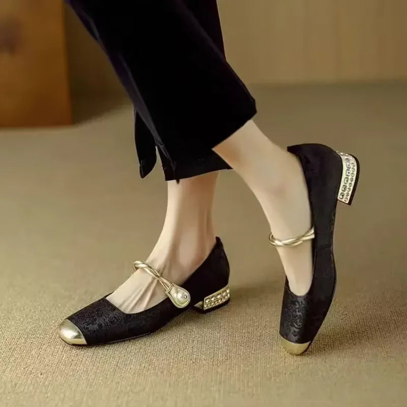 Stylish square toe pumps for women, in a beautiful green shade, with an eye-catching studded heel.