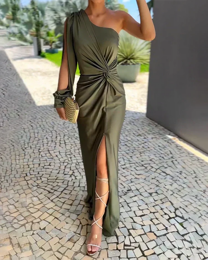 Elegant green twist-front one-shoulder maxi dress for women, ideal for wedding guests & formal evening events.