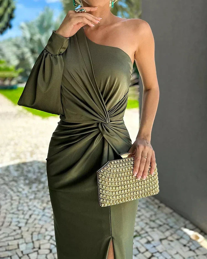 Chic long-sleeve green maxi dress with a stylish twist-front and one-shoulder design for women's special occasions.