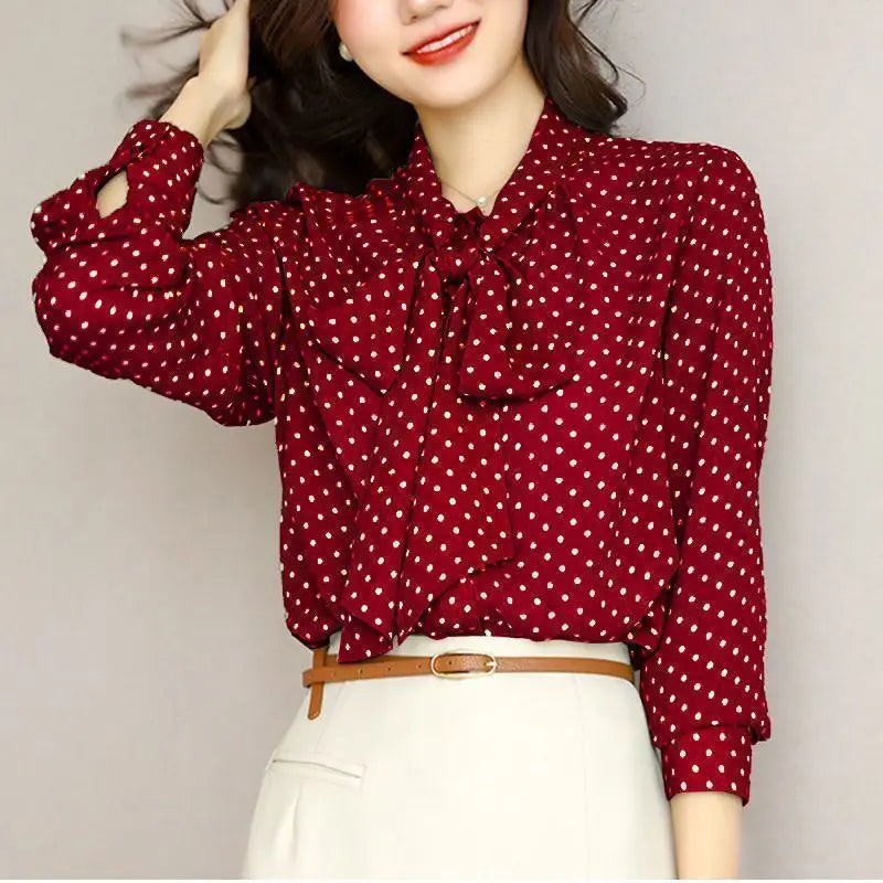 Versatile red women's elegant blouse, a chic long sleeve top with a stylish bow-accent.