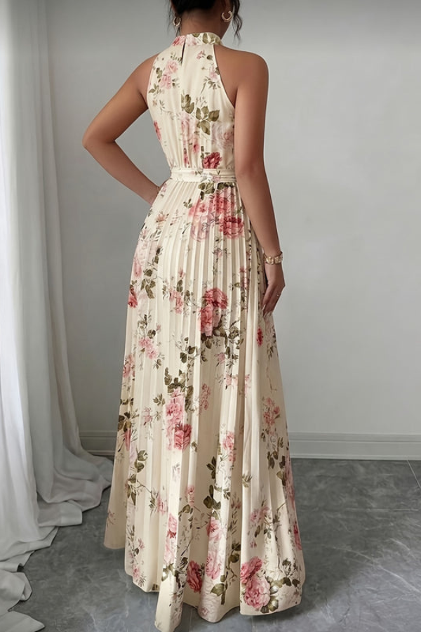Women's elegant pleated halter neck maxi dress, ideal for evening events or formal summer occasions.