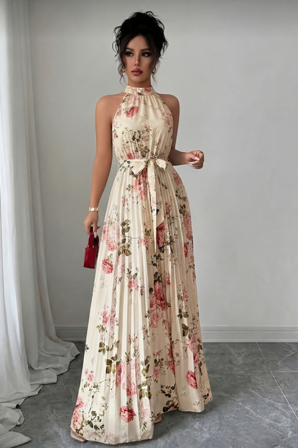 Stylish women's sleeveless keyhole halter maxi dress, a long elegant design for summer and resort.