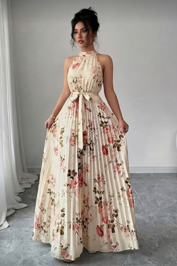 Chic women's halter neck long dress with keyhole detail, versatile for summer resort wear or elegant outings.