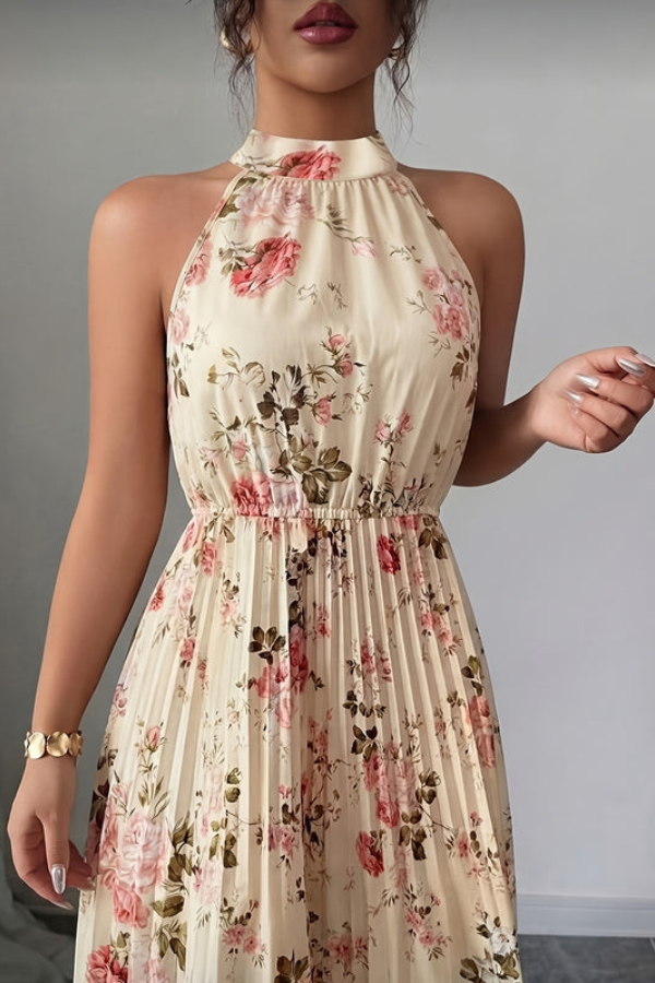 Women's formal halter keyhole maxi dress, a sleeveless, long pleated design for elegant summer evenings.