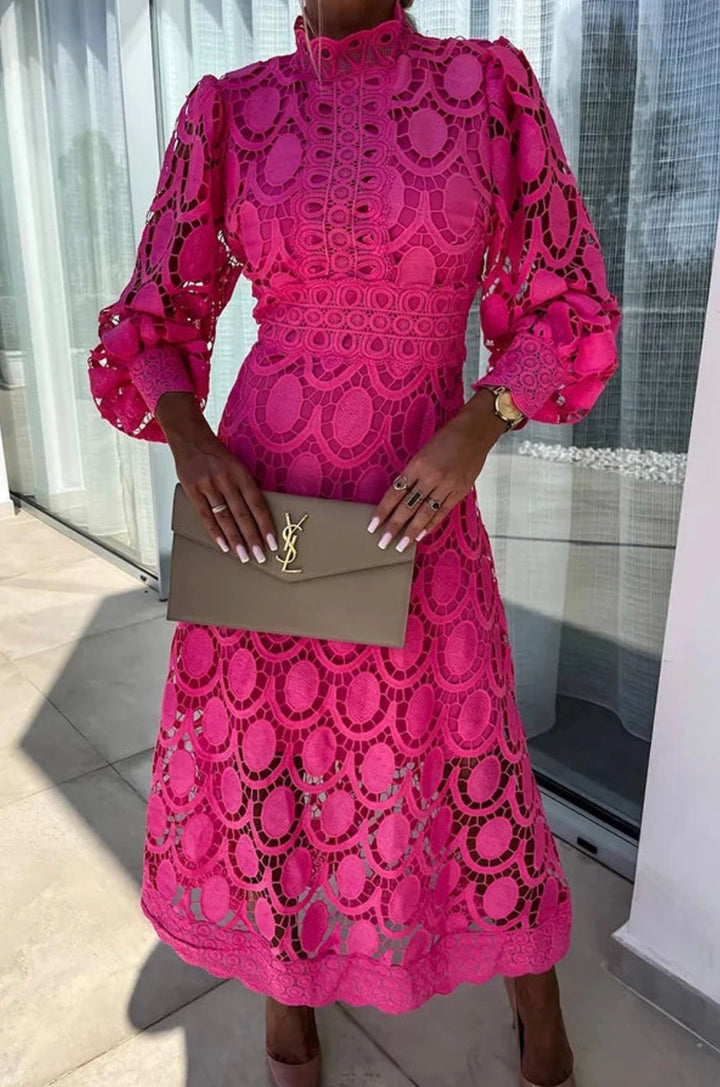 Elegant high-neck midi wedding guest dress for women with long sleeves, perfect for special occasions.