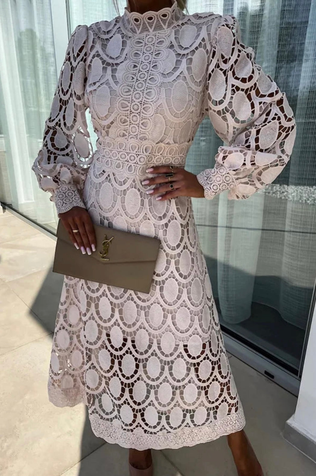 Rose A-line high-neck midi dress, an elegant long sleeve wedding guest outfit for evening parties.
