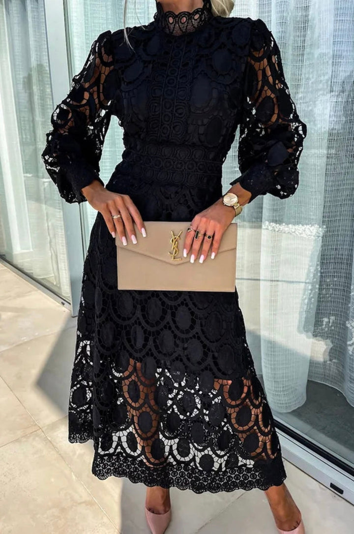 Apricot women's high-neck midi dress with long sleeves, ideal for a wedding guest or special occasion.