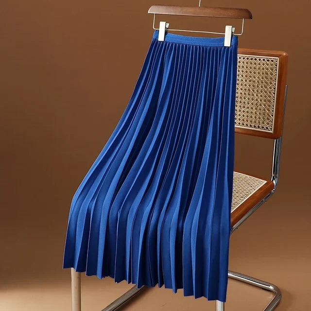 Versatile high-waist midi skirt with elegant pleats, ideal for women's office & casual style.