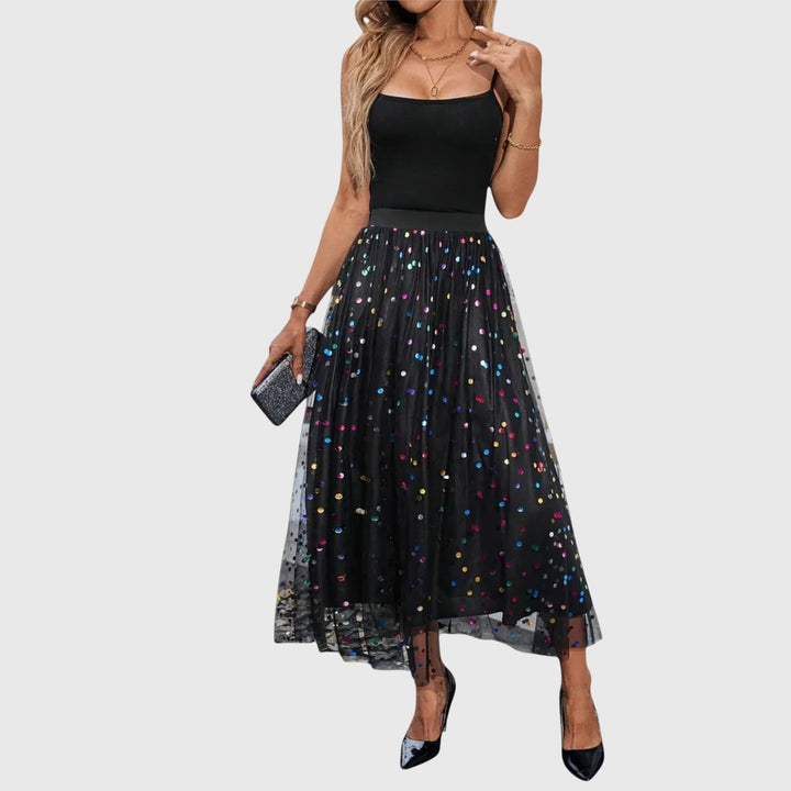 Elegant high waist sequin tulle midi skirt for women, featuring a glamorous sparkling design and asymmetric hem.