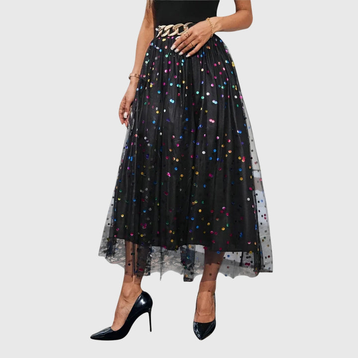 Sparkling women's sequin tulle midi skirt, perfect for evening wear & special occasions with an elegant high waist.