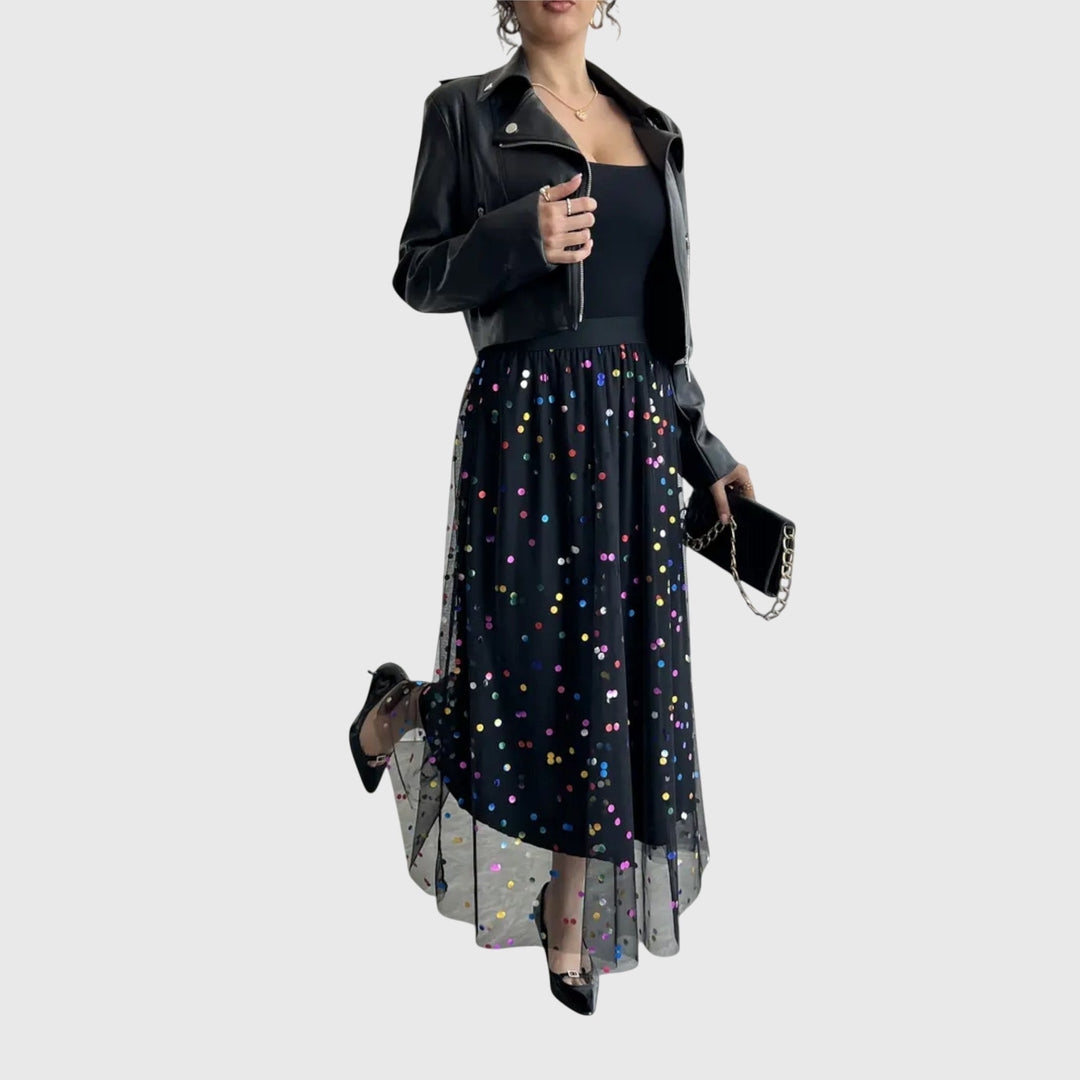 Women's high waist midi skirt, featuring shimmering sequins over soft tulle & an elegant asymmetric hem for parties.