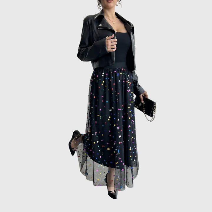 Women's high waist midi skirt, featuring shimmering sequins over soft tulle & an elegant asymmetric hem for parties.