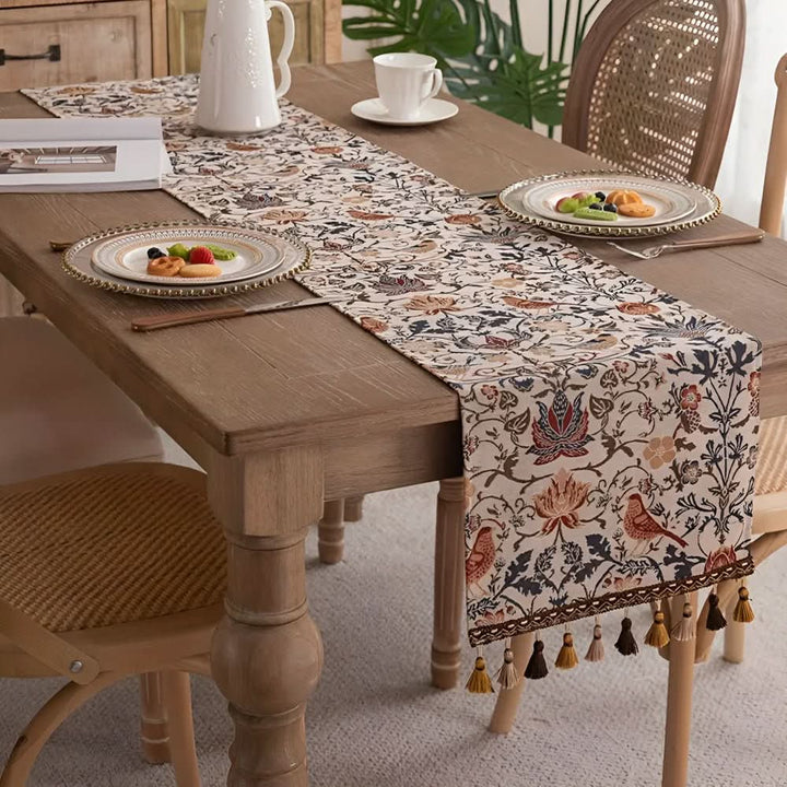 Elegant jacquard table runner with floral bird motif for dining & coffee table decor.