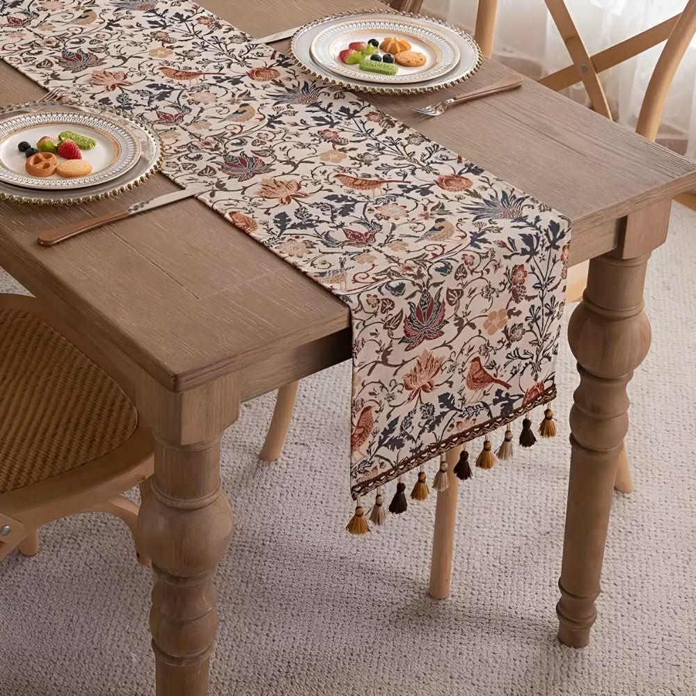 Decorative floral bird motif table runner for elegant dining & coffee table decor.