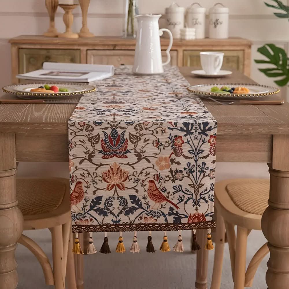 Jacquard weave table runner with exquisite floral bird pattern, perfect for home decor.