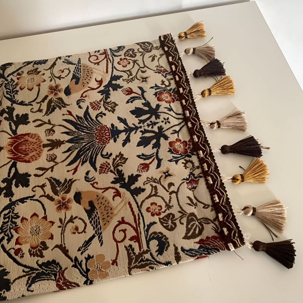 Beautiful microfiber table runner with a refined floral bird motif, ideal for elegant home decor.
