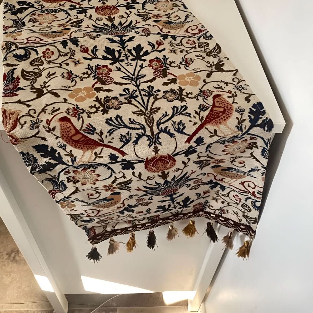 Dining table runner, elegant floral bird pattern, jacquard fabric with delicate fringe.